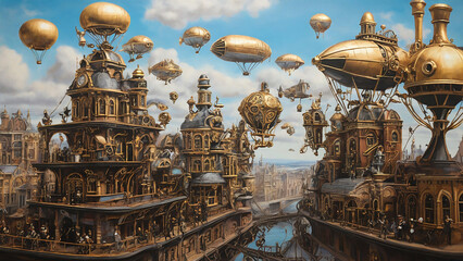 A whimsical steampunk city, featuring Victorian-era architecture adorned with gears, cogs, and brass, with steam-powered airships soaring through the sky, and inventive characters 
