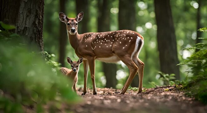 Fawn family in the forest.