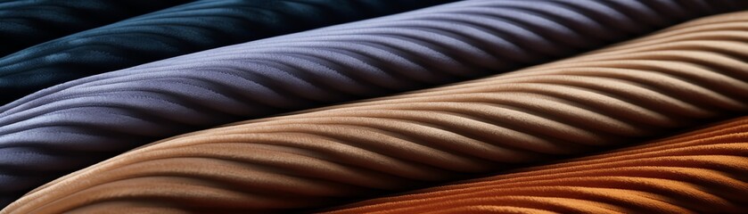 Illustrate a high-angle view series showcasing the unique texture of corduroy fabric, capturing its ribbed pattern in rich colors and intricate details in a digital photorealistic style