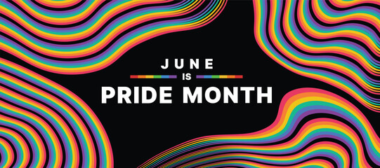 June is pride month Text in abstract long curve rainbow colorful pride flags around on black background vector design - obrazy, fototapety, plakaty