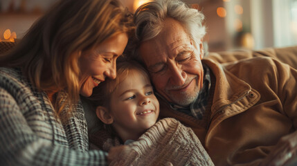 An elderly man, a woman, and a young girl sharing a tender moment, embracing and smiling together in a cozy setting.