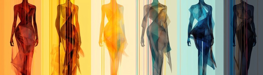 Produce a dynamic digital artwork using glitch art technique, portraying the evolution of fashion through different periods, merging past styles with futuristic elements in a captivating composition