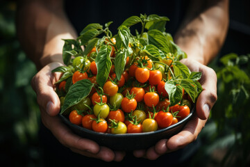 Hands of hardworking gardener hold freshly grown tomatoes in greenhouse.