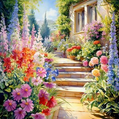 Recreate a vibrant garden scene on a fresco with watercolor medium, showcasing lively flowers in full bloom Emphasize the play of light and shadow to bring a sense of depth