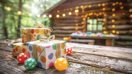A table with three colorful boxes and a bunch of balls. The boxes are decorated with polka dots and the balls are of different colors. Scene is festive and joyful