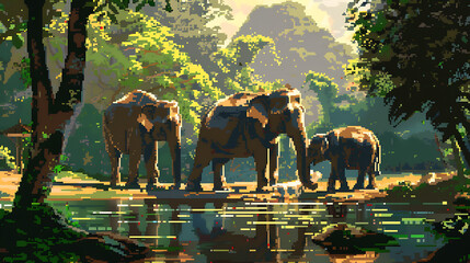 Elephant Nature Park, Chiang Mai: Gentle giants, natural habitat, in a serene setting, in a fantasy isometric style, with soft lighting, natural colors - obrazy, fototapety, plakaty