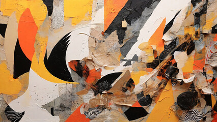 Fototapeta premium Collage painting: A captivating, abstract design, showcasing a variety of textures, patterns, and materials, all harmoniously combined in a visually stimulating collage painting, 