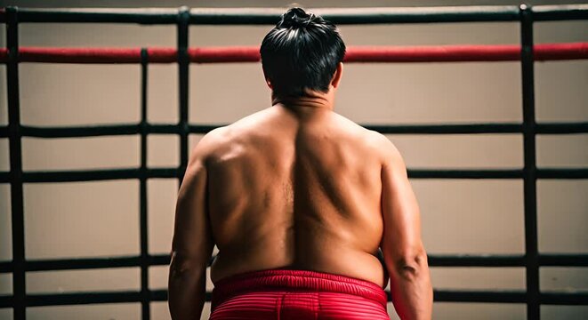 Back view of sumo wrestler.