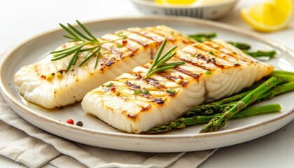 Grilled fish fillets on asparagus bed, a delightful fusion of flavors and textures in a healthy dish