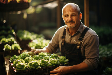 Fototapeta premium A positive adult man grows fresh organic healthy cabbage in a greenhouse