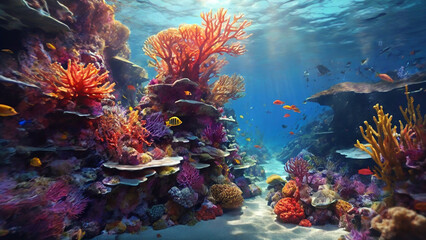 Naklejka premium A captivating, underwater scene, featuring a vibrant coral reef, diverse marine life, and a sense of depth and mystery, all rendered in the rich, immersive colors of digital painting