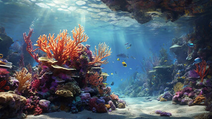 A captivating, underwater scene, featuring a vibrant coral reef, diverse marine life, and a sense of depth and mystery, all rendered in the rich, immersive colors of digital painting