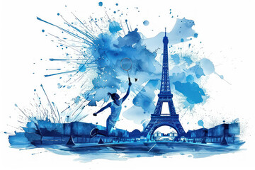 Blue watercolor paint of badminton player hits shuttlecock by eiffel tower