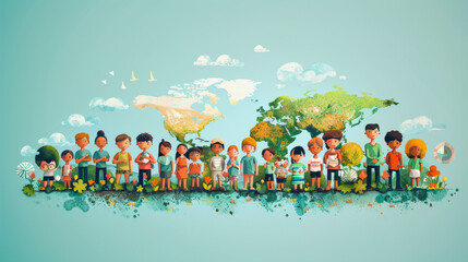 Illustration of diverse children holding hands in front of a stylized world map, symbolizing global unity and friendship among youth, World Population Day, save the world.