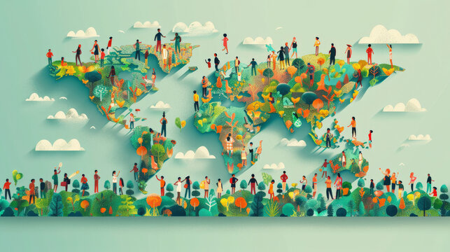 Illustrative world map with diverse people engaged in various activities across continents, representing global unity and cultural diversity, World Population Day, save the world.