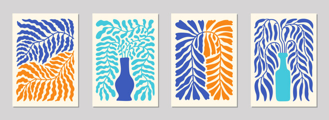 Abstract simple colorful leaves in vases composition set. Contemporary art interior poster designs. Naive drawing EPS 10 vector background collection.