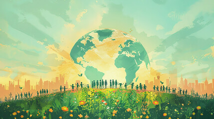 Illustration of diverse people standing on a lush hill with a large globe above, symbolizing unity and environmental consciousness against an urban skyline, World Population Day, save the world.