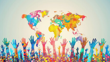 Colorful raised hands against a backdrop of a vibrant world map symbolizing diversity and global unity, World Population Day