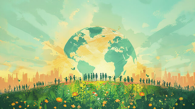 Illustration of diverse people standing on a lush hill with a large globe above, symbolizing unity and environmental consciousness against an urban skyline, World Population Day, save the world.