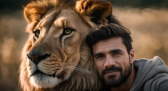 Selfie of a man with a lion.