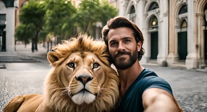 Selfie of a man with a lion.