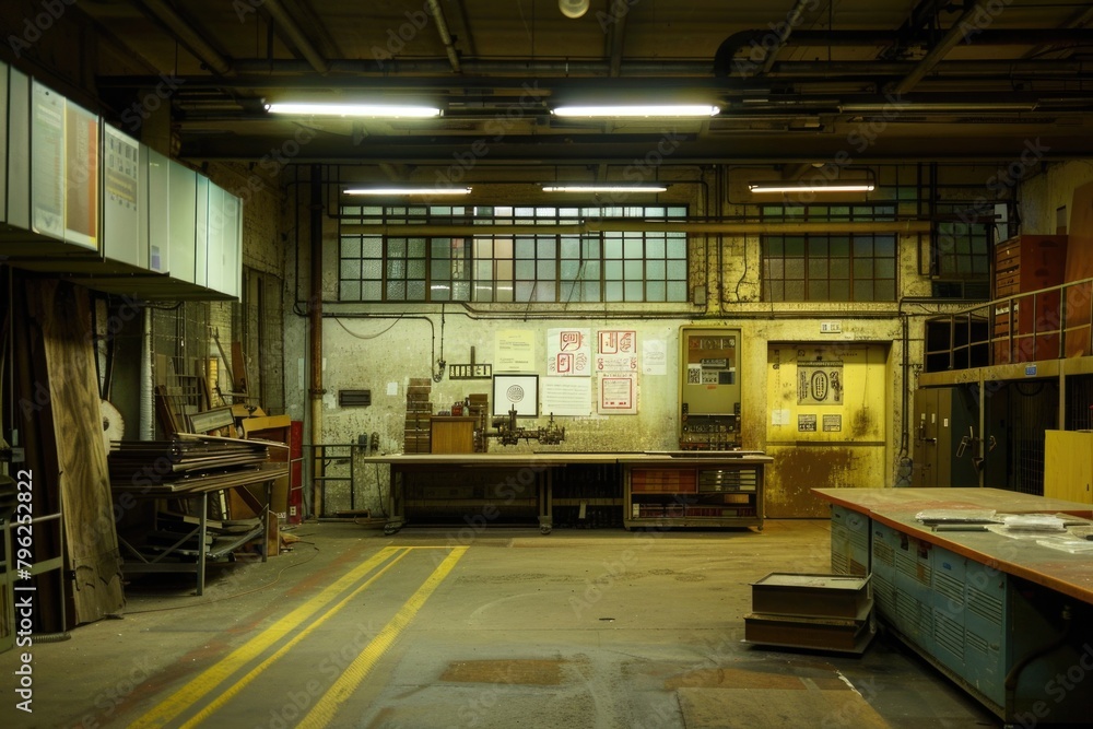 Poster a large room with various work in progress. ideal for business and productivity concepts