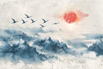 A picturesque painting of birds soaring over majestic mountains. Suitable for nature-themed designs