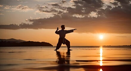 Person practicing tai chi at sunset. - Powered by Adobe