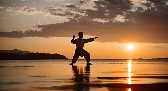 Person practicing tai chi at sunset.