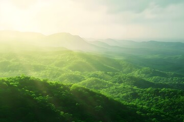 Obraz premium Serene Landscape with Green Hills, Mountains, Trees, and Clear Sky. Concept Nature Photography, Green Scenery, Mountain Views, Tree-filled Landscapes, Clear Skies