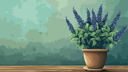 Salvia plant in pot on wooden table Vectot style Vector - obrazy, fototapety, plakaty