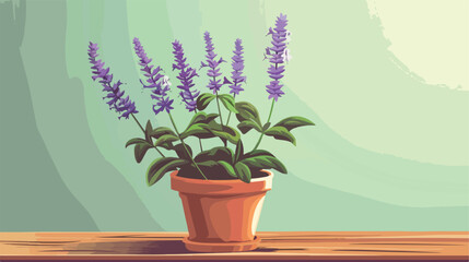 Salvia plant in pot on wooden table Vectot style Vector