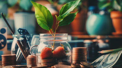 A plant sprouting from strawberries inside a jar surrounded by stacked coins and banknotes on a desk with office supplies.