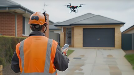 Construction inspector with drone outside a suburban home. Man in safety gear operating a UAV. Residential surveying and inspection in progress. AI