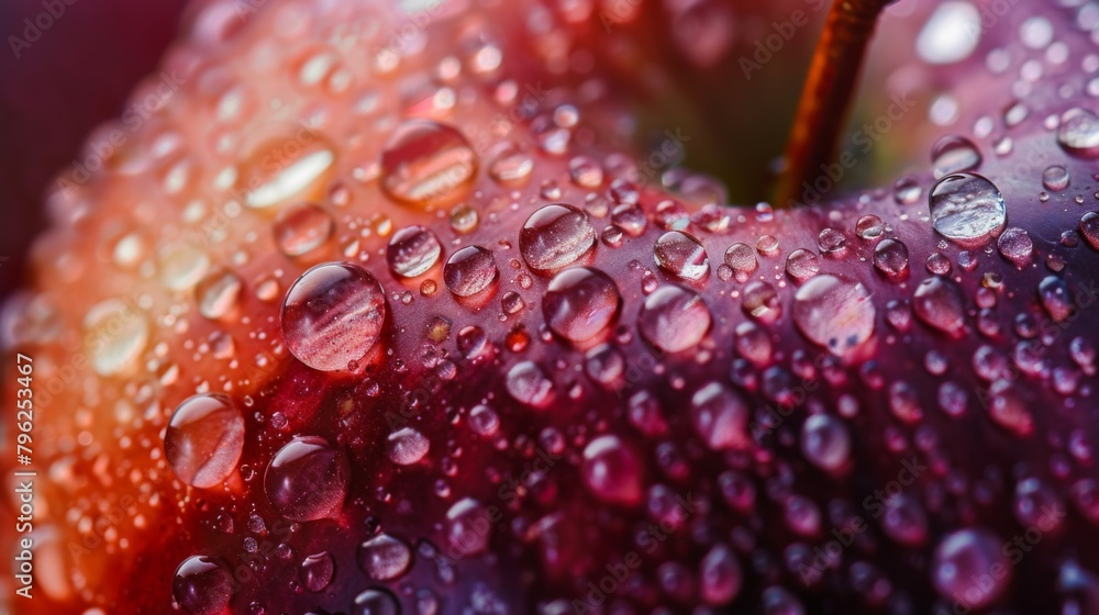 Poster macro shot capturing the intricate details of water droplets clinging to the skin of a ripe apple, e