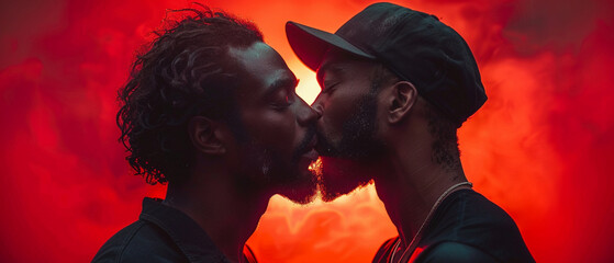 Zwei Männer zeigen Zuneigung vor rotem Hintergrund