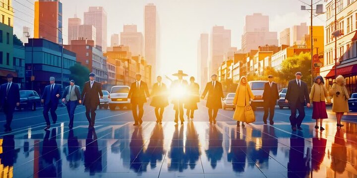 People walking trought the city silhouettes person group a lot sunset in the big apple