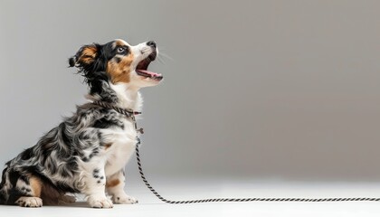 Dynamic pose of expressive barking dog on leash against white backdrop, conveying intense emotion