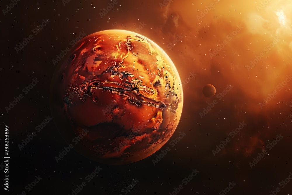 Poster a red planet with a star in the background. suitable for space and science concepts