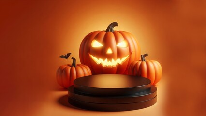 Creative Halloween composition with pumpkin, spiders, black podium and orange background. Modern Halloween aesthetic. Suitable for Product Display and Business Concept.
