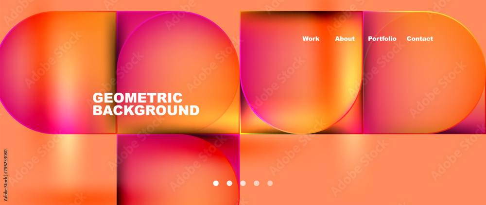 Poster a fluid geometric background with circles and squares in shades of orange, amber and magenta. inspir