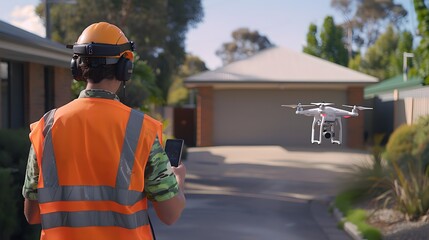 Man in High Visibility Vest Pilots Drone in Suburban Area. Drone Operation and Safety Inspection. Technology in Everyday Life. AI