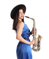 Beautiful young woman with saxophone on white background