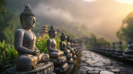 Buddha statue at sunrise with mountains in the background - obrazy, fototapety, plakaty