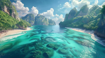 Fototapeta premium Phi Phi Islands, Krabi: Stunning beaches, crystal-clear waters, under a fantasy sky, in a realistic isometric style, with vibrant lighting, tropical colors