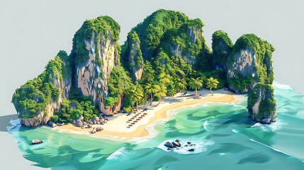 Phi Phi Islands, Krabi: Stunning beaches, crystal-clear waters, under a fantasy sky, in a realistic isometric style, with vibrant lighting, tropical colors