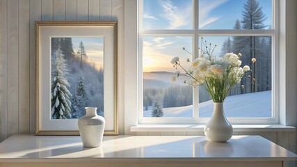 A delicate vase adorns a tall white window  resting on a white wooden table. A framed picture of a...