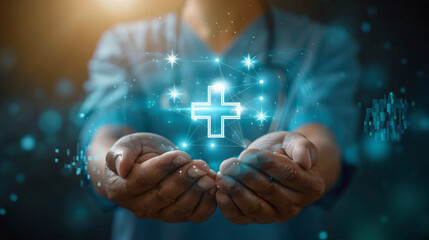 Person holding hands open with a glowing blue cross symbol floating above, representing health care, faith, or digital innovation.