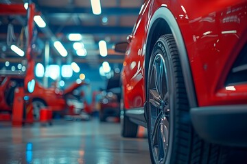 Car maintenance service in a car repair shop setting. Concept Car repair, Oil change, Tire rotation, Brake inspection, Engine tune-up