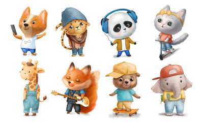 Cute animals in clothes set. Cool fox, corgi dog and kitten. Hand drawn illustration isolated on white background